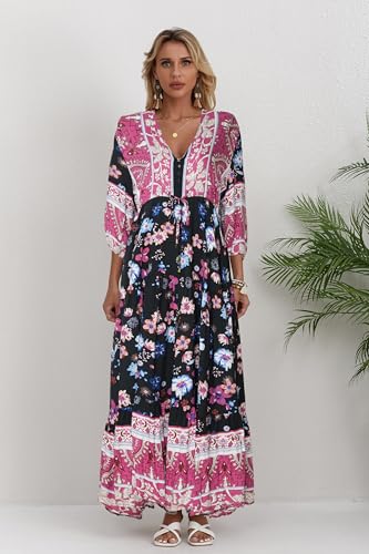 Image of Women Short Sleeve V Neck Floral Print Casual Bohemian Maxi Dresses