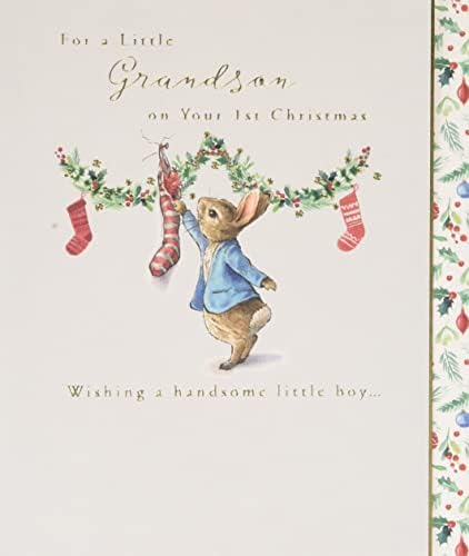 UK Greetings Peter Rabbit Grandson 1st Xmas Christmas Card with Envelope - Sweet Design with Rabbit, Holly and Stockings, Multi
