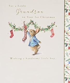 UK Greetings Peter Rabbit Grandson 1st Xmas Christmas Card with Envelope - Sweet Design with Rabbit, Holly and Stockings, Multi