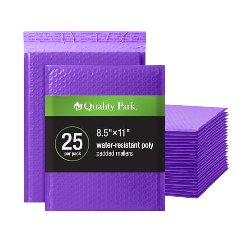 Quality Park Bubble Mailers, 8.5" x 11", Purple Poly Mailers, Padded Envelopes, Shipping Bags, Water Resistant, Self Seal, 25 Per Box (QUA85905)