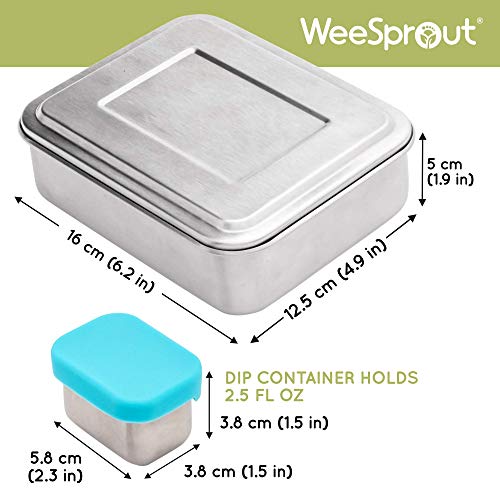 Weesprout 18/8 Stainless Steel Bento Box (Compact Lunch Box) - 3 Compartment Metal Lunch Containers, For Kids & Adults, Bonus Dip Container, Fits In Lunch Bag & Backpack #TOP2