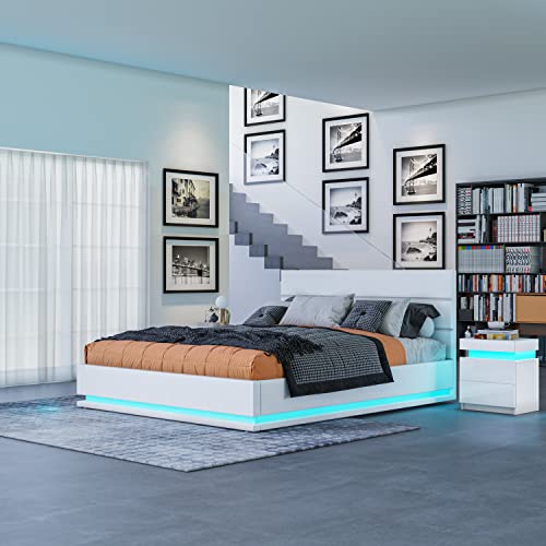 BESTWANTED Gas Lift Ottoman Storage Bed,4FT6 Double Bed Frame with Storage, Ottoman Bed with LED Lights, Faux Leather, White