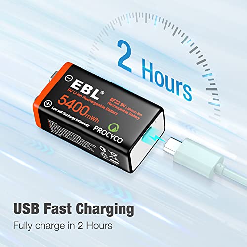 image for EBL Rechargeable 9V Lithium Batteries, 5400mWh USB 9 Volt Li-ion Batte