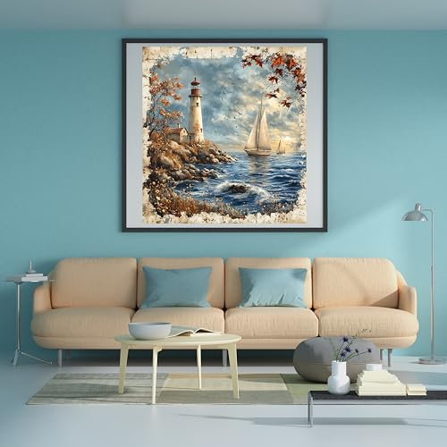 Image of Moohue 14ct Counted Cross Stitch Kits for Adults Seaside Tower Boat Printed Stamped Cross Stitch Patterns Kits Cross Stitch Supplies (Seaside Tower Boat)