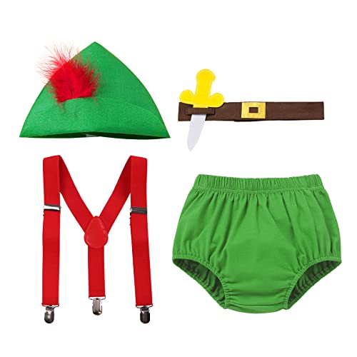 Baby 1St Christmas Outfit Green Elf Costume For Boys Halloween Costume Christmas Suspenders Short Feather Diaper Cover Belt Hat First Birthday Outfit Cake Smash Cosplay Clothes Green-4Pcs 18-24 Months #TOP1