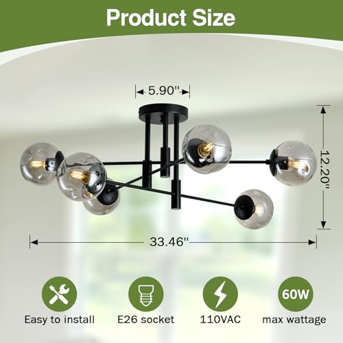 Image of 6-Lights Glass Globe Sputnik Chandelier Modern Flush Mount Ceiling Light Fixture Black Farmhouse Lighting for Dining Room Living Room Bedroom Kitchen Passageway.