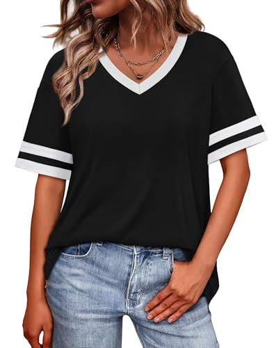 Image of WIHOLL Womens T Shirts Loose Fit Short Sleeve Tees V Neck Color Block Summer Tops 2026 Fashion S-4XL