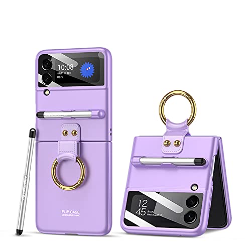 LIULANZ for Samsung Galaxy Z Flip 3 Case with Pen and Ring,Ultra Thin Matte Leather Anti-Drop Phone Cover with Camera Screen Protector for Samsung Galaxy Z Flip 3 5G(ZFlip3-Purple)