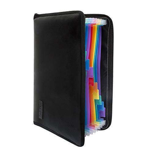 Fireproof Document Organizer Folder - Waterproof Expandable Safety Bag, File Storage Holder - Silicone Coated Material - Rainbow-Colored Plastic Dividers, Double Zipper - Fits A4 Paper, Passport, Cash