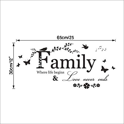 Family Where Life Begins & Love Never Ends - AUHOTA Wall Decal Sticker Quotes, Removable DIY Mural Sayings Wallpaper Home Decor for Living Room Bedroom  Warm & Loving Art Words (25×12 inches, Black)