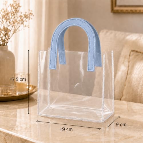 Image of SATYAM KRAFT 6 Pcs Transparent Reusable Leather Goodie Bags | Elegant Gift Bags for Her /Him Wedding Return Favors, Engagement Hampers, Marriage, Birthday & Festival Gifting | Handle Hamper Shopping Carry Bags (U-shaped Blue - Small)