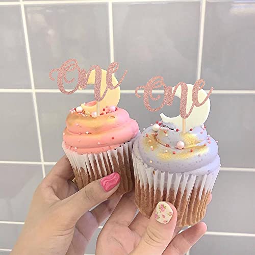 24 Pack One Cupcake Toppers Glitter Baby First Birthday Party Cupcake Food Picks Decorations for Baby Shower Boys Girls Kids 1st Birthday Party Cake Decorations Supplies Rose Gold - Thumbnail 6