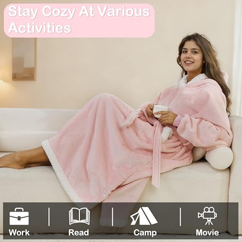 Eydna Wearable Blanket Hoodie Sweatshirt Standard For Adults - Cozy Flannel And Fleece With Hood, Giant Pocket and Adjustable Belt - Pink — view 5