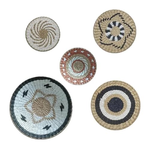 88JUNYh Boho Wall Basket Decor Set 5pcs Wall Basket Decor Woven Seagrass Wicker Rattan Flat Baskets Wall Hanging Decor Handmade Round Wall Baske