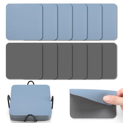 Myir JUN Posavasos Juego de 12 Posavasos 10cm Originales Cuadrados para Copas Posavasos de Cuero de Doble Cara Posavasos Impermeables Termoaislantes y con portavasos（Gris Azul Celeste）