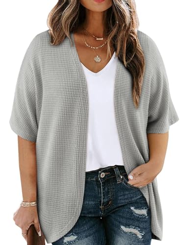 Image of Eytino Womens Plus Size Cardigan Casual Short Sleeve Waffle Knit Kimono Open Front Tops(1X-5X)