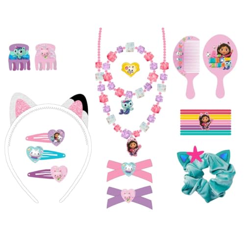 Gabby’s Dollhouse Beauty-Set – enthält 1 Haargummi aus Stoff, 10 Haargummis, 2 Pinzetten, 3 Haarnadeln, 2 Bürsten, 1 Haarband, 1 Halskette, 1 Armband und 1 Ring – Originalprodukt, entworfen in Spanien