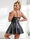 sunshinelady Damen Lederkleid Mesh Wetlook Große Größen Minikleid mit Rüschen Bügel-Cups Partykleid für Frau Brustumfang Träger Verstellbar Clubwear Sexy Outfit Dessous Curvy Figurbetont Schwarz S