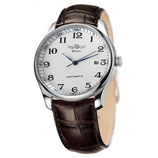 VIGOROSO Men's Automatic Mechanical Watch Day Calendar Leather Band Arabic Numerals Wristwatch for Men