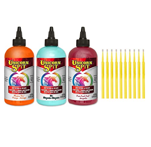 Unicorn SPiT Gel and Glaze Stain Calypso Collection: 3, 8oz. Bottles with 10 Trebbies Fine Detail Sticks (Pheonix Fire, Zia Teal, Pixie Punk Pink)