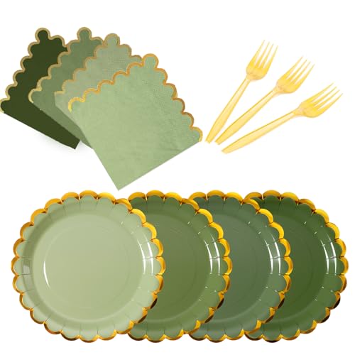 Green mix scalloped party plates with napkins and fork gold foil border, 24 Guest disposable Tableware Set Sage Green Party Decoration for Birthday Coquette Bridal Baby Shower Valentines