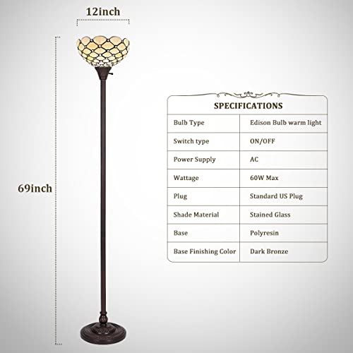 Thatyears Tiffany Torchiere Floor Lamps White Beads Style Stained Glass 12X12X69 Inches Antique Pole Standing Uplight Lamps Decor Living Room Bedroom Home Office #TOP1