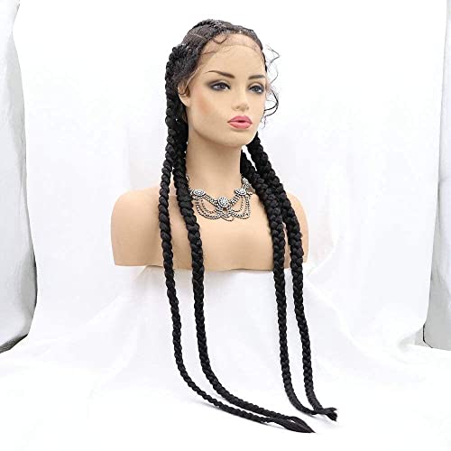 4 Twist Hand Braided Lace Front Wigs For Women Black Color Braids Wig With Baby Hair Heat Resistant Fiber Wig For Drag Queen (32 Inch, Black Color/Lace Front Wig) #TOP2