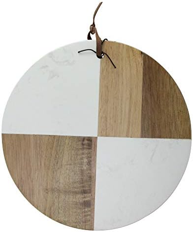 9.5" Ivory and Brown Solid Acacia Wood and Marble Round Cutting Cheese Board