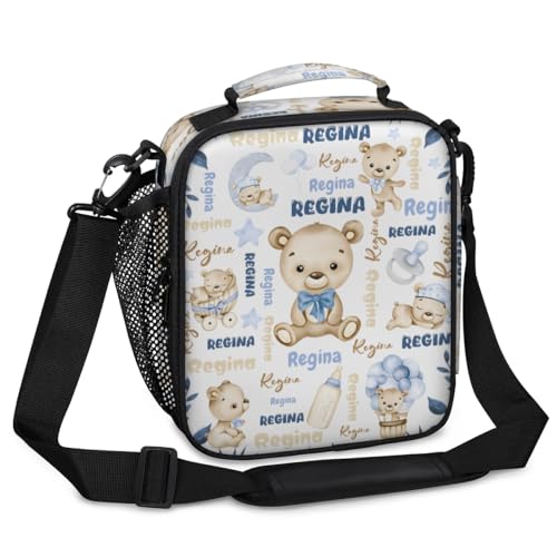 Personalized Insulated Lunch Bags for Kids - Cute Lunch Box for School Picnic, Leakproof & Water-Resistant & Washable Mini Cooler Bag with Adjustable Shoulder Strap, Cute Bear Clouds Text Blue