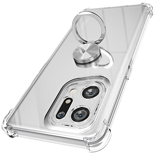 Kickstand Case Compatible with OPPO Find X5 Pro 5G, Crystal Clear Protective Soft TPU Shockproof Case with 360 Degree Magnetic Ring Cover - Silver Ring