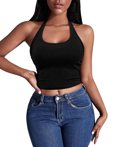 Image of Ekouaer Women Halter Top Backless Scroop Neck Slim Stretchy Ribbed Knit Camisole Crop Tops S-XXL