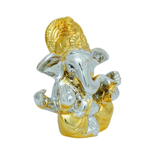 Image of Mini Gold Plated Ganesha Idol for Car Dashboard, Home Temple & Office Desk | Silver Gold Ganpati Murti Spiritual Decorative Gift Showpiece | 2.7 Inches