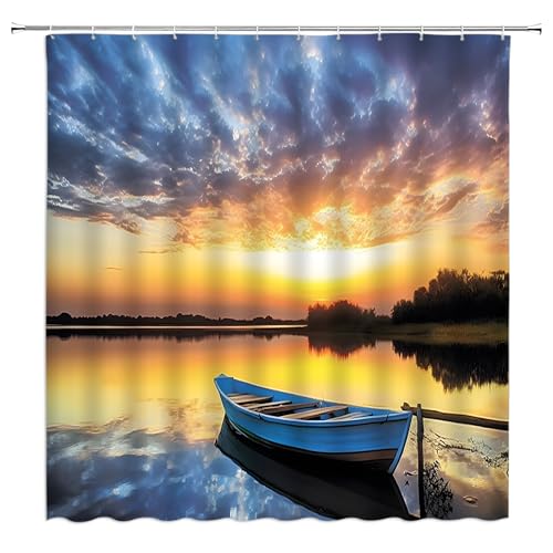 ZKJSMGS Ocean Shower Curtain Sunset Sea Wave Boat Sky Tropical Seaside Coastal Scenic Landscape Summer Yellow Blue Orange Bathroom Home Curtain Decor with Hooks,70 Wx70 H