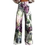 Pantalones informales de pierna ancha con estampado floral vintage para mujer, pantalones elásticos 3/4, morado, M