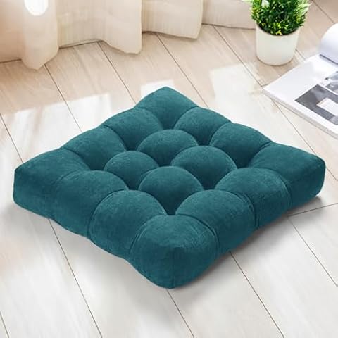 Millsilo 22 inch Floor Pillow, Large Floor Cushions, Square Floor Cushion Seating for Adults Kids, 4 Inch Thick Tufted Meditation Cushion for Yoga Living Room Tatami Floor, 22x22x4 Inch, Teal Cover