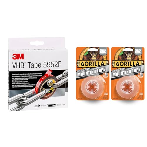 VHB 3M 5952 Adhesive Tape Simple Permanent Bonding with Double Coated Tape, Filmic Liner, 19 mm x 3 m, Black, 1 x Roll of Tape & Gorilla 3044105 Double Sided Mounting Tape Clear 1.5m (2 Pack)