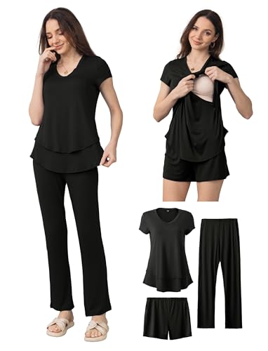 Image of SUNNYBUY 3 PCS Maternity Breastfeeding Pajamas Set, Hidden Nursing Tops, Adjustable Pregnancy Shorts & Pants Postpartum PJS