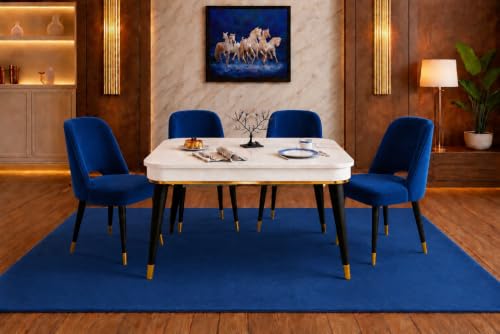 Image of WOODEN SPACE 4 Seater Wooden Dining Table Set | Urban Marble Top Dining Table with Chairs for Dining Room & Kitchen (Modern Vintage Navy Blue) (42 x 42 x 30 inch)