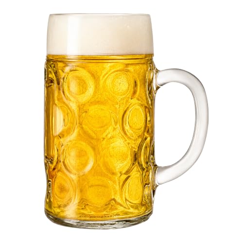 Chabrias Ltd German Beer Stein Glass 1 Litre / 2 Pint - Large Oktoberfest Style Beer Mug Tankard Dimpled Extra Clear Glass for Lager Ale Cider 44oz Brimful Made in Italy (1 2 Pint)