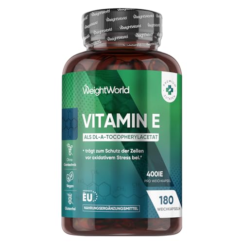 Vitamin E Weichkapseln 400IE - 180 vegane Softgels - Vit E Öl DL Alpha Tocopherylacetat - 6 Monate Vorrat - Vitamin E trägt zum Schutz der Zellen vor oxidativem Stress bei (EFSA) - WeightWorld