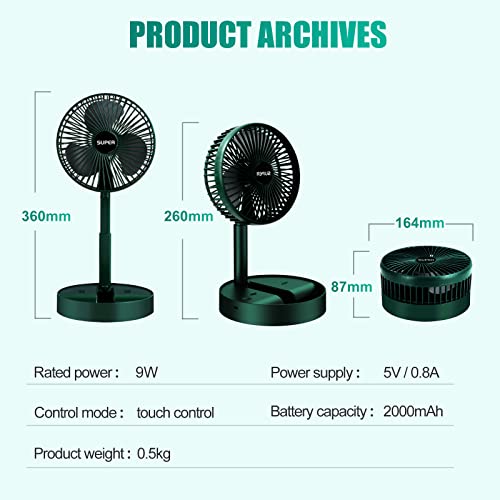 Maeshop Portable Table Fan 6.5 Inch 3 Speeds Wind Quiet 2000Mah Rechargeable Battery Powered Usb Desktop Folding Fan For Home Desk Outdoor Bedroom Office Trave (Green) #TOP2