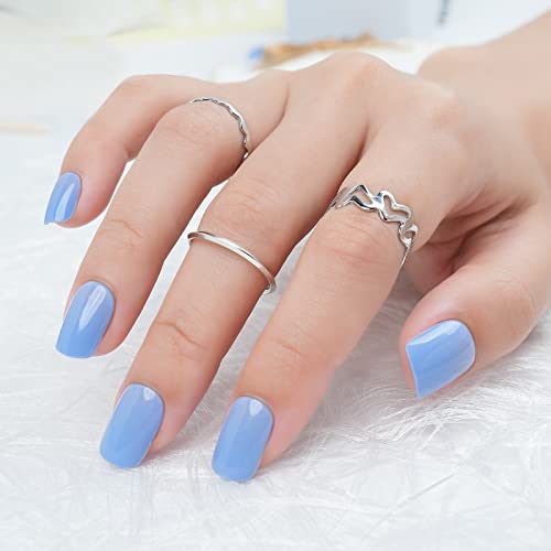Blue Press On Nails Short, Jofay Fashion Square Fake Nails Reusable Natural Solid Color False Nails With Glue, Stick On Nails For Women Girls Gift, Acrylic Nails Tips Salon-Quality 24Pcs #TOP7