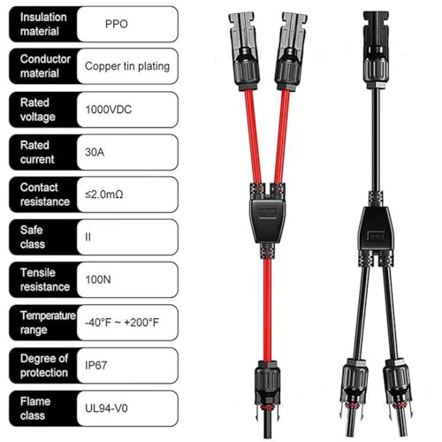 Solarkabel Y-Verteiler Solarpanel 12AWG Y Stecker Fotovoltaik 4mm² Kabel für Parallel-Photovoltaik-Anschluss, Stecker Solaranschluss Paralleladapter, 12awg 4mm² (1 Paar)