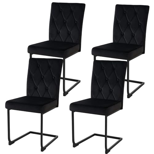 JYMTOM Ensemble de 4 chaises de Salle à Manger en Similicuir Gris, capitonnées à Motif Losanges avec Boutons décoratifs, sans accoudoirs, pour Cuisine, Salon ou Salle à Manger. (Noir, Velours)