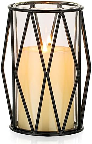Nuptio Black Candle Holders for Pillar Candles Geometric Candleholders with Hurricane Cylinder Glass for Wedding Birthday Party Centerpieces - Flower Vase Hurricane Vases for Office Living Room