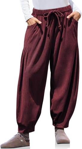 TARSE Womens Baggy Wide Leg Corduroy Pants with Pockets Jujube Red | Casual Loose Fit, Drawstring Elastic Waist Barrel Trousers, Lounge Soft warm