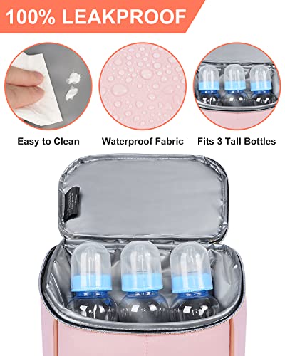 Mancro Baby Bottle Bag Holds 3 Bottles Up To 9 Ounce, Insulated Bottle Bag For Daycare With Pu Handle, Breastmilk Cooler Bag For Mom, Pink #TOP1