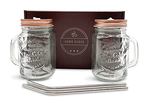 Home Suave - Gift Box With Set Of 2 Mason Jar Mugs With Handle, Regular Mouth Colorful Lids With 2 Reusable Stainless Steel Straw, Set Of 2 (Rose Gold), Kitchen Glass 16 Oz Tumblers, Dishwasher Safe #TOP1