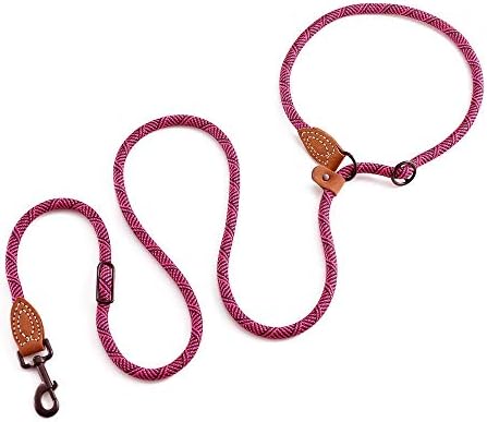 Mile High Life | Dog Rope Leash with Genuine Leather Tailored Connection | Dog Slip Lead | Dual Configuration | with Heavy Duty Metal Sturdy Clasp (Hot Pink 8 FT Hand Free)