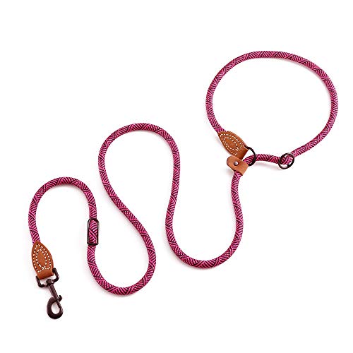 Mile High Life | Dog Rope Leash With Genuine Leather Tailored Connection | Dog Slip Lead | Dual Configuration | With Heavy Duty Metal Sturdy Clasp (Hot Pink 8 Ft Hand Free) #TOP2